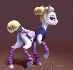 blonde_hair bottomwear clothed clothing dress female feral hair hooves inside leg_warmers legwear looking_at_viewer looking_back no_underwear purple_eyes skirt solo stockings underhoof anchors_art_studio friendship_is_magic hasbro my_little_pony hoofer_steps_(mlp) equid equine horse mammal