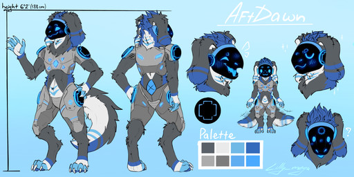 anthro blue_body blue_fur chibi clothed clothing confusion cybernetics fingers fur hair happy logo machine male pawpads paws protogen_armor protogen_visor smug_face solo tail text lilly_mega aftdawn bird_dog canid canine canis cavalier_king_charles_spaniel domestic_dog hunting_dog mammal protogen spaniel toy_dog 2024 digital_drawing_(artwork) digital_media_(artwork) english_text hi_res model_sheet signature widescreen andromorph_(lore)