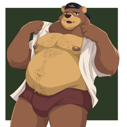 anthro belly belly_fur bulge chest_exposed chest_fur clothed clothing fur hat headgear headwear looking_at_viewer male moobs navel nipples open_clothing open_mouth open_shirt open_topwear overweight overweight_anthro shirt simple_background slightly_chubby solo topwear underwear nicob04 arches_(game) echo_(series) echo_project devon_ortega bear mammal 1:1 absurd_res hi_res