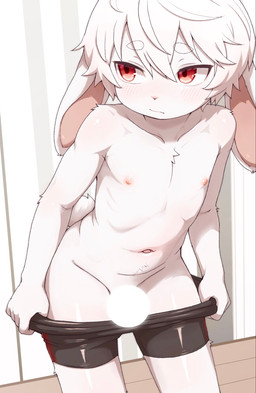 anthro black_bottomwear black_clothing black_shorts blush bottomwear censored_genitalia censored_penis clothed clothing embarrassed fur hair inside male navel nipples red_eyes shorts solo tail topless topless_male undressing_self white_body white_fur white_hair young young_anthro young_male kochi662368621 lagomorph leporid mammal rabbit 2026 censored hi_res japanese_description