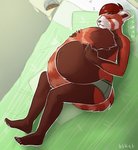 anthro bed btket clock clothing furniture hi_res lying male pillow pregnant pregnant_anthro pregnant_male red_panda_qt solo underwear