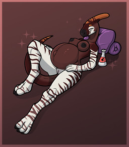 3_toes 5_fingers after_transformation anthro belly breasts claws crest_markings eyes_closed feet female fingers frill_(anatomy) frill_markings glistening glistening_belly happy head_crest head_frill head_markings leaning lying markings navel nipples on_back outie_navel pillow potion potion_bottle potion_label pregnant pregnant_anthro pregnant_female smile striped_arms striped_legs striped_markings striped_tail stripes tail tail_markings toes transformation transformation_potion vaginal bastiel genevieve_lykelle dinosaur giraffid hadrosaurid mammal okapi ornithischian ornithopod parasaurolophus prehistoric_species reptile scalie 2025 absurd_res hi_res