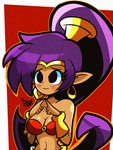 bare_shoulders big_breasts black_eyes blush border breasts cleavage clothed clothing dark_body dark_skin ear_piercing ear_ring female fingers_together glistening glistening_body hair humanoid_pointy_ears long_hair midriff navel not_furry orange_outline outline piercing pointy_ears ponytail purple_hair red_background ring_piercing simple_background solo white_border diego_mejia shantae_(series) wayforward shantae genie humanoid