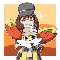 clothing duo flower_on_head hat headgear headwear hug smile fokkorev nintendo pokemon aeren_(fokkorev) flin_(fokkorev) canid canine fennec_fox fennekin fox generation_2_pokemon generation_6_pokemon mammal pokemon_(species) smeargle true_fox hi_res