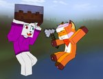 axe block clothing duo game_item heterochromia holding_block holding_game_item holding_object male male/male melee_weapon minecraft_block pixelated weapon reversecall microsoft minecraft mojang xbox_game_studios matsu_(character) canid canine fox mammal hi_res