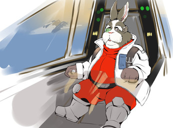 airwing anthro biped clothed clothing detailed_background facial_hair fur humanoid_hands inside kemono male mature_male mustache open_mouth overweight overweight_male sitting solo white_body white_fur inunoshippo nintendo star_fox peppy_hare hare lagomorph leporid mammal 2026
