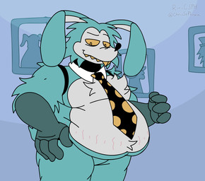 4_fingers >w< anthro arm_tuft bar_emanata barely_visible_tail belly belly_overhang belly_slap belly_tuft big_belly big_ears black_eyes black_nose blue_body blue_fur blue_tail buckteeth chest_tuft clenched_eyes clenched_teeth countershade_torso countershading emanata endoskeleton exclamation_point exposed_endoskeleton eyes_closed facial_markings featureless_chest featureless_crotch fingers fur grin half-closed_eyes hand_on_belly hand_on_hip head_markings head_tuft inside long_ears looking_down looking_down_at_self love_handles machine male markings mask_(marking) mature_anthro mature_male moobs mostly_nude motion_blur multicolored_necktie narrowed_eyes necktie necktie_only one_raised_eyebrow onomatopoeia overweight overweight_anthro overweight_male polka_dot_necktie portrait_(object) pupils rabbit_ears sharp_teeth short_loop shoulder_tuft simple_background slap smile smug solo sound_effects stretch_marks tail teeth text thick_thighs three-quarter_view toothy_smile tuft two_tone_necktie white_body white_fur white_text_outline yellow_bar_emanata yellow_pupils yellow_sclera yellow_teeth yellow_text chrissophrase the_walten_files bon_(twf) animatronic lagomorph leporid mammal rabbit robot 2026 2d_animation animated artist_name digital_media_(artwork) hi_res line_art loop portrait three-quarter_portrait url