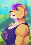 amber_eyes anthro biceps blurred_background breasts brown_nose cat_smile cleavage clothed clothing countershade_torso countershading eye_markings eyelashes female fur hair highlights_(coloring) looking_at_viewer markings muscular muscular_female purple_clothing purple_hair purple_shirt purple_tank_top purple_topwear shirt short_hair side_view smile solo tan_body tan_fur tank_top topwear noviraine zoe_(noviraine) felid lion mammal pantherine 2024 colored_sketch digital_media_(artwork) portrait signature sketch