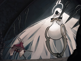 black_legs cloak cloak_only clothed clothing crossed_arms duo female hair hornet's_needle larger_female pose size_difference standing weapon white_hair white_head kaiartis hollow_knight:_silksong hollow_knight_(franchise) team_cherry grand_mother_silk hornet_(hollow_knight) arthropod hi_res