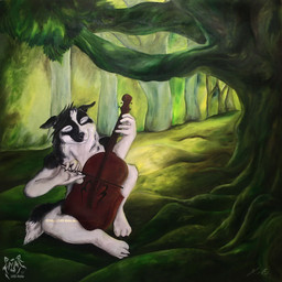 anthro black_body black_fur black_nose bowed_string_instrument cello closed_smile eyes_closed front_view fur logo male mouth_closed musical_instrument outside plant playing_music sitting smile solo string_instrument tree white_body white_fur kola_(artist) canid canine canis domestic_dog mammal 1:1 2011 artist_logo dated signature traditional_media_(artwork)