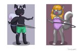 3_toes 5_fingers anthro bare_shoulders big_tail black_body black_fur blonde_hair clothing duo eyes_closed feet female fingers fluffy fluffy_tail frilly frilly_clothing fur grey_body grey_fur hair heart_(marking) heart_symbol hula_hoop male markings multicolored_body multicolored_fur one-piece_swimsuit plantigrade simple_background swimming_trunks swimwear tail toeless_(marking) toes two_tone_body two_tone_fur white_body white_fur young young_anthro itwasscatters lemmy_(lemmy_niscuit) lolly_(butterscotchlollipop) mammal mephitid skunk spotted_skunk absurd_res full-length_portrait hi_res portrait