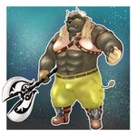 anthro barazoku black_nose bottomwear bulge clothing cute_fangs fangs humanoid_hands male muscular muscular_anthro muscular_male pants solo teeth weapon kodanukimanpuku lifewonders tokyo_afterschool_summoners asterius_(tas) bovid bovine cattle mammal 1:1