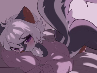 anthro ass_up bed bedding blush blush_lines bottomless bottomless_anthro bottomless_male butt closed_smile clothed clothing countershading erection femboy fur furniture genitals grey_body grey_fur hair humanoid_genitalia humanoid_penis looking_at_viewer male markings mouth_closed multicolored_body multicolored_fur on_bed oversized_clothing oversized_sweater oversized_topwear partially_clothed penis purple_eyes smile solo sweater tail topwear white_hair white_markings aoizuri scotty_kat domestic_cat felid feline felis hybrid mammal mephitid skunk 2025 4:3