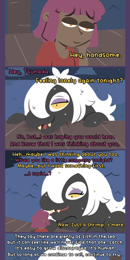 anthro black_body black_eyes black_skin dark_body dark_skin docks duo eyeshadow fangs gynomorph hair intersex intersex/male island kissing larger_gynomorph larger_intersex magenta_hair makeup male moon night overweight overweight_gynomorph overweight_intersex sea size_difference teeth text water white_hair yellow_eyes yellow_sclera shane_frost aquatic cetacean human mammal whale absurd_res comic english_text hi_res long_image tall_image