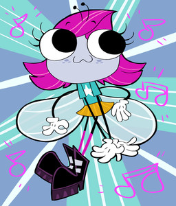 4_arms :3 antennae_(anatomy) anthro big_eyes blue_background blue_clothing blue_shirt blue_topwear boots bottomwear clothing female footwear freckled_face freckles gloves grey_body grey_skin hair handwear insect_wings multi_arm multi_limb musical_note musical_symbol orange_bottomwear orange_clothing orange_skirt pink_clothing pink_footwear pink_hair pink_socks purple_boots purple_clothing purple_footwear shirt shoes simple_background skirt socks solo star symbol t-shirt topwear white_clothing white_gloves white_handwear wings shenanistorm disney the_buzz_on_maggie maggie_pesky arthropod fly_(animal) insect absurd_res hi_res