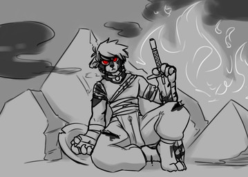 anthro bandage blood bodily_fluids claws clothed clothing fire fur hair holding_object holding_weapon male melee_weapon red_eyes scar shield simple_background sitting solo sword weapon hijackerdraws canid canine canis domestic_dog mammal
