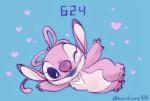 antennae_(anatomy) blue_background blue_eyes blue_mouth blue_tongue chest_markings eyelashes fur heart_symbol lying markings on_side one_eye_closed open_mouth open_smile pink_body pink_fur purple_nose simple_background smile solo tongue wink kurokuma824 disney lilo_and_stitch angel_(lilo_and_stitch) alien experiment_(lilo_and_stitch) 2019