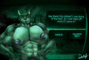 abs anthro big_chest big_nipples bite black_eyebrows black_nose bodily_fluids cheek_tuft dialogue_box ear_piercing eyebrows facial_tuft green_eyes half-closed_eyes male muscular muscular_anthro muscular_arms muscular_male narrowed_eyes nipples notched_ear nude_anthro nude_male piercing pubes question_mark solo sweat sweaty_body text tongue tongue_bite tongue_out tuft dark_wolf no_i'm_not_a_human canid canine canis mammal wolf 2025 digital_drawing_(artwork) digital_media_(artwork) english_description english_text hi_res