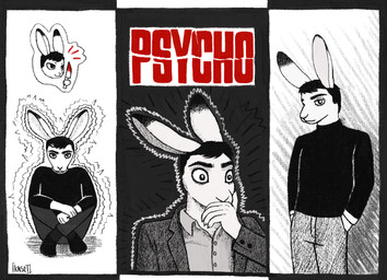 anthro black_hair blood blood_on_knife bodily_fluids clothing fur hair knife male solo sweater topwear turtleneck white_body white_fur mrkaset psycho_(movie) norman_bates hare lagomorph leporid mammal
