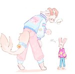 2_horns anthro bell_on_tail black_eyes blue_bottomwear blue_clothing blue_jacket blue_pants blue_topwear bottomwear clothing curved_horn duo fur furgonomic_pants hoodie horn jacket male pants pink_bottomwear pink_clothing pink_hoodie pink_pants pink_topwear size_difference slim_anthro slim_male topwear white_body white_fur bunonthemoon 2023