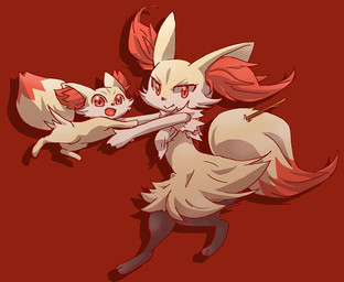 4_fingers ambiguous_anthro ambiguous_feral ambiguous_gender anthro biped closed_smile digitigrade dipstick_tail drop_shadow duo evolutionary_family feral fingers flesh_fang looking_at_viewer markings midair mouth_closed nude_ambiguous nude_anthro object_in_tail on_one_leg open_mouth open_smile quadruped side_view smile standing stick stick_in_tail tail tail_markings satoko nintendo pokemon braixen canid fennekin generation_6_pokemon mammal pokemon_(species) 2013 cel_shading colored digital_drawing_(artwork) digital_media_(artwork) shaded unavailable_at_source