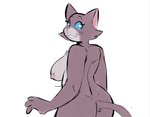 anthro big_butt blue_eyes breasts butt car female fur grey_body grey_fur grin looking_back nipples nude rear_view simple_background smile solo vehicle white_background electricplasmid tabatha_(samoyena) domestic_cat felid feline felis mammal 2019 half-length_portrait portrait