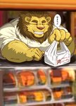 anthro clothing eyes_closed food humanoid_hands kemono male overweight overweight_anthro overweight_male shirt solo text topwear raichoclub felid lion mammal pantherine 2020 hi_res japanese_text