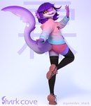 5_fingers anthro clothing cute_fangs fangs female fingers hair looking_at_viewer purple_body purple_hair solo teeth text yellow_eyes lin_artist hailina fish marine shark 3d_(artwork) digital_media_(artwork) english_text hi_res