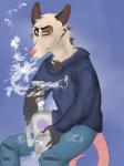 4_fingers anthro biped bong bottomwear brown_body brown_fur chest_tuft clothed clothing denim denim_bottomwear denim_clothing drugs fingers fur grey_body grey_fur hoodie jeans male marijuana pants pink_nose pink_tail simple_background sitting smoke smoking solo tail tan_body tan_fur topwear tuft kryptiickiing rhysio american_opossum mammal marsupial virginia_opossum 2018 3:4