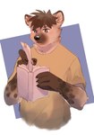 5_fingers anthro black_hair blush blush_lines book clothing fingers fur grey_body grey_fur hair holding_book holding_object male markings shirt solo spots spotted_body spotted_fur t-shirt topwear pu94_d1de4c hyena mammal spotted_hyena absurd_res hi_res