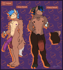 4_toes 5_fingers abs alternate_species animal_genitalia animal_penis anthro arm_tuft balls biceps big_balls big_penis biped black_balls black_hair black_nipples black_nose blue_hair blue_highlights brown_balls brown_body brown_fur brown_hair brown_nipples brown_penis brown_soles butt chest_tuft claws digitigrade dipstick_tail equine_genitalia equine_penis expansion facial_tuft feet fingers flaccid fluffy fluffy_tail fur genital_expansion genital_transformation genitals green_eyes growth hair highlights_(coloring) holding_flask holding_object hooves horizontal_pupils horn long_penis male markings medial_ring multicolored_body multicolored_penis neck_tuft nipples nude nude_anthro nude_male occult_symbol orange_liquid pecs penis penis_expansion pentagram pentagram_markings plantigrade plantigrade_to_digitigrade plantigrade_to_unguligrade potion potion_bottle pupils purple_background purple_nipples purple_penis saggy_balls serratus short_tail shoulder_tuft simple_background solo species_transformation symbol tail tail_markings teeth text thick_penis toe_claws toes transformation transformation_potion triceps tuft two_tone_body two_tone_penis underbite unguligrade yellow_eyes khayen ryan-wolf bovid canid canine canis caprine goat hybrid mammal wolf 2025 absurd_res artist_name colored digital_drawing_(artwork) digital_media_(artwork) english_text hi_res model_sheet signature