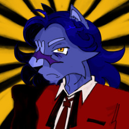 accessory anthro blue_body blue_fur blue_hair business_suit clothing facial_scar fur hair male middle_aged necktie pattern_background red_clothing red_necktie red_suit scar simple_background solo suit tired tired_eyes yellow_eyes iambdacore missysissy valleyos callan_dion felid lion mammal pantherine 1:1 shaded trans_(lore) trans_man_(lore)