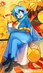 anthro beak blue_body blue_hair breasts clothed clothing container cup exclamation_point eyebrows eyelashes female hair solo text nevobaster undertale_yellow martlet_(undertale_yellow) avian 2025 absurd_res artist_name digital_media_(artwork) hi_res