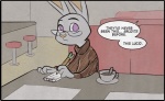 anthro clothed clothing eyewear female furniture glasses left-handed looking_at_viewer offscreen_character sitting solo speech_bubble table text writing_text rockbottomfeeder disney zootopia violet_hopps lagomorph leporid mammal rabbit colored english_text