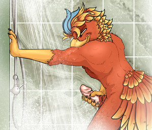 amber_eyes anthro bathing beak claws erection feathers fingers genitals glans holding_penis humanoid_genitalia humanoid_penis male masturbation micro nude orange_body orange_feathers penile penile_masturbation penis pink_genitals pink_penis red_body red_feathers scuted_arms scuted_hands scutes shower showering smile solo standing water wet yellow_beak yellow_body yellow_eyes yellow_feathers chaulain european_mythology greek_mythology mythology davie_le_mon_(chaulain) meus avian bird canid canine canis mammal mythological_avian mythological_bird mythological_creature mythological_firebird phoenix wolf digital_media_(artwork) hi_res