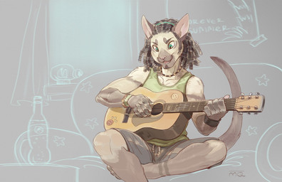 acoustic_guitar anthro beard biped black_hair bottomwear clothed clothing dreadlocks facial_hair green_clothing green_eyes green_shirt green_topwear guitar hair holding_musical_instrument holding_object jewelry male musical_instrument necklace open_mouth pink_nose playing_guitar playing_music plucked_string_instrument shirt shorts sitting smile solo string_instrument tank_top topwear melloque felid mammal