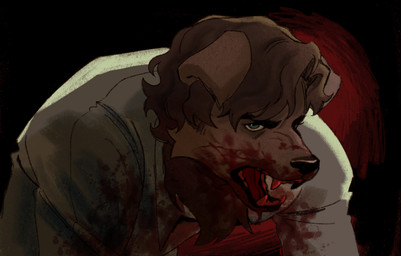 angry anthro black_background blood blood_covered blood_in_mouth blood_on_clothing blood_on_face blue_eyes bodily_fluids brown_body brown_fur brown_hair clothing fangs_bared fur gore hair hunched_over male open_mouth red_background shirt simple_background solo topwear snailz_gutz canid canine canis domestic_dog mammal
