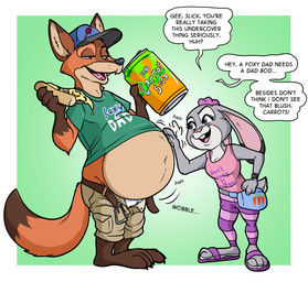 anthro belly beverage big_belly bottomwear brown_body brown_fur buckteeth claws clothing cotton_tail dialogue dipstick_tail duo fanny_pack female female_anthro flip_flops food footwear fur geometric_background giant_food green_eyes grey_body grey_fur half-closed_eyes hat headgear headwear holding_beverage holding_food holding_object holding_pizza holding_soda loose_belt male male_anthro markings narrowed_eyes navel orange_body orange_fur overeating overweight overweight_male pants pattern_bottomwear pattern_clothing patting_belly paws pizza plantigrade purple_eyes sandals scrunchie shirt shoes simple_background smile soda speech_bubble striped_bottomwear striped_clothing stripes tail tail_markings tan_body tan_fur teeth text topwear fattlestacks disney zootopia judy_hopps nick_wilde canid canine european_rabbit fox lagomorph leporid mammal oryctolagus rabbit red_fox true_fox 2026 absurd_res english_text hi_res