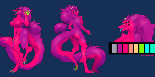 anthro big_breasts blep breasts chest_tuft eyewear female food fruit fur glasses hair jewelry lime multicolored_tail paws pink_body pink_fur pink_hair plant purple_body purple_fur purple_hair solo tail thick_tail tongue tongue_out tuft nugget_kun poppy_emberwing sergal absurd_res alpha_channel hi_res model_sheet