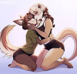 anthro bangs barefoot big_breasts biped blush bottomwear bracelet breasts brown_body brown_eyes brown_fur chest_tuft claws clothed clothed_anthro clothed_female clothing crop_top duo eye_contact facial_piercing feet female female/female female_anthro fully_clothed fully_clothed_anthro fully_clothed_female fur green_clothing green_shirt green_topwear hair hand_on_face hug inner_ear_fluff jewelry kneeling lip_piercing long_ears long_hair looking_at_another looking_at_partner medium_breasts medium_hair multicolored_hair nose_piercing paws piercing plantigrade round_ears seiza shirt short_ears short_hair shorts simple_background sitting smile smiling_at_another smiling_at_partner tail tan_body tan_fur topwear tuft leishkko canid canine canis chihuahua domestic_dog mammal mustelid otter toy_dog 2025 digital_drawing_(artwork) digital_media_(artwork) english_description hi_res shaded soft_shading