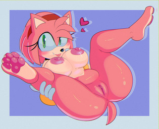 anthro areola black_nose blush breasts eyelashes female genitals green_eyes heart_symbol looking_at_viewer nipples pawpads simple_background solo spread_legs spreading tail vulva apinkgrape sega sonic_the_hedgehog_(series) amy_rose eulipotyphlan hedgehog mammal 2026 digital_media_(artwork) hi_res