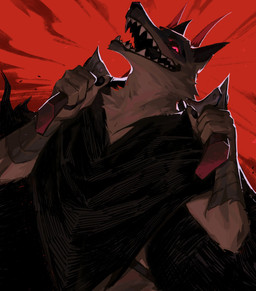 4_fingers anthro arm_wraps black_claws black_cloak black_clothing black_nose black_sclera claws cloak clothing dual_wielding finger_claws fingers fur glowing glowing_eyes grey_body grey_fur grin holding_object holding_weapon looking_at_viewer male melee_weapon multicolored_body multicolored_fur red_background red_eyes sharp_teeth sickle simple_background smile smiling_at_viewer solo tail teeth two_tone_body two_tone_fur weapon wraps mawarisaka3 dreamworks puss_in_boots_(franchise) death_(puss_in_boots) canid canine canis mammal wolf 2023 digital_media_(artwork) hi_res