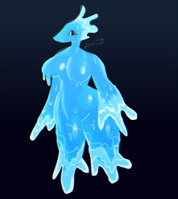 anthro anthrofied big_breasts blue_body bodily_fluids breasts dripping featureless_breasts female gradient_background looking_at_viewer nude simple_background solo sweat water wide_hips frolick deltarune undertale_(series) miss_mizzle elemental_creature goo_creature mizzle_(deltarune) water_creature hi_res