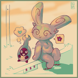ambiguous_gender anthro biped closed_smile dizzy_eyes duo eyelashes female grass heart_symbol looking_at_another mouth_closed open_mouth open_smile outside plant shadow sitting smile kubasama nintendo pokemon arthropod generation_3_pokemon generation_5_pokemon karrablast mammal pokemon_(species) spinda 1:1 2024