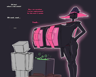 areola big_areola big_breasts big_nipples black_body breasts cauldron clothing duo ellipsis exclamation_point female hat headgear headwear huge_breasts hyper hyper_breasts ineffective_clothing larger_female larger_humanoid male nipples not_furry one-piece_swimsuit pink_areola pink_nipples pink_sclera question_mark size_difference sling_bikini smaller_human smaller_male square_(anatomy) swimwear text white_eyes witch_hat revifrry microsoft minecraft mojang xbox_game_studios enderman human humanoid mammal 5:4 english_text hi_res