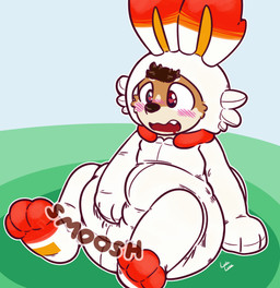 ambiguous_gender anthro big_diaper black_nose blush blush_lines brown_hair clothed clothing diaper diaper_squish diaper_under_clothing diaper_under_onesie feces fur hair hand_on_diaper heart_eyes heart_symbol heterochromia multicolored_body multicolored_fur onesie open_mouth open_smile orange_body orange_fur pokemon_onesie simple_background sitting smile snaggle_tooth soiled_diaper soiling solo sound_effects tan_body tan_fur text touching_diaper unclean_diaper used_diaper wearing_diaper ludis-luteo nintendo pokemon auror_(paddedpupprince) canid canine canis domestic_dog generation_8_pokemon mammal pokemon_(species) scorbunny absurd_res artist_name hi_res signature