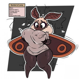 antennae_(anatomy) anthro big_breasts blush breasts clothing female gameplay_mechanics grey_clothing grey_shirt grey_topwear hand_on_breast implied_transformation insect_wings looking_down nipple_outline shirt shortstack shortstack_female solo standing text topwear wide_hips wings pomiart arthropod insect lepidopteran moth 1:1 2025 digital_media_(artwork) english_text hi_res