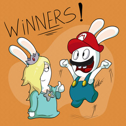 anthro black_facial_hair black_mustache blonde_hair buckteeth celebrating clothed clothed_anthro clothed_female clothed_male clothing crown dress duo exclamation_point facial_hair female female_anthro fist fur gem gesture hair half-closed_eyes hand_gesture happy hat headgear headwear jumping long_ears long_hair looking_at_another male male_anthro mitten_hands mustache narrowed_eyes noseless open_mouth open_smile orange_background red_clothing red_hat red_headwear red_tongue ruby_(gem) sapphire_(gem) shirtless_anthro shirtless_male short_legs simple_background smile smiling_at_another tan_body tan_eyelids tan_inner_ear tan_skin teal_clothing teal_dress teeth text thumbs_up tongue white_body white_fur mrgametv1994 mario_bros mario_plus_rabbids_kingdom_battle mario_plus_rabbids_sparks_of_hope nintendo raving_rabbids rayman_(series) ubisoft rabbid_mario rabbid_rosalina lagomorph mammal rabbid 1:1 2022 cel_shading colored crossover digital_drawing_(artwork) digital_media_(artwork) english_description english_text hi_res shaded signature