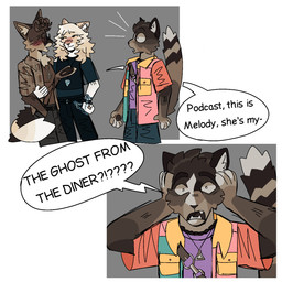 anthro belt black_belt blush eyewear female glasses male open_mouth manhattancrossrip ghostbusters ghostbusters:frozen_empire melody_(ghostbusters) phoebe_spengler podcast_(ghostbusters) felid feline mammal 1:1 hi_res