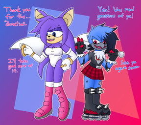 ambiguous_clothing ambiguous_gender anthro arm_spikes beak big_ears blue_body blue_eyes bottomwear breasts clothed clothing duo elbow_pads elbow_spikes fangs female footwear fur gloves gold_(metal) gold_jewelry gold_rings hair handwear inline_skates jewelry knee_pads knee_spikes leg_spikes purple_body red_eyes ring roller_skates shoes skirt smile spikes spikes_(anatomy) standing teeth white_wings wings cookie-pone sega sonic_the_hedgehog_(series) fan_character shred_the_bluebird avian bat bird bluebird mammal mountain_bluebird oscine passerine thrush_(bird) hi_res trans_(lore) trans_man_(lore)